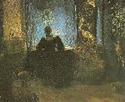 Anna Ancher, den vest med bla gardinerre stuefru ancher ved skrivebordet